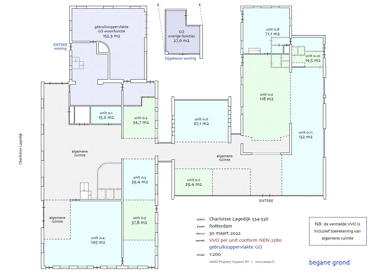 Plattegrond van de begane grond van het pand aan de Charloisse Lagedijk 534-536 in Rotterdam met diverse units, algemene ruimten en gebruiksoppervlaktes.